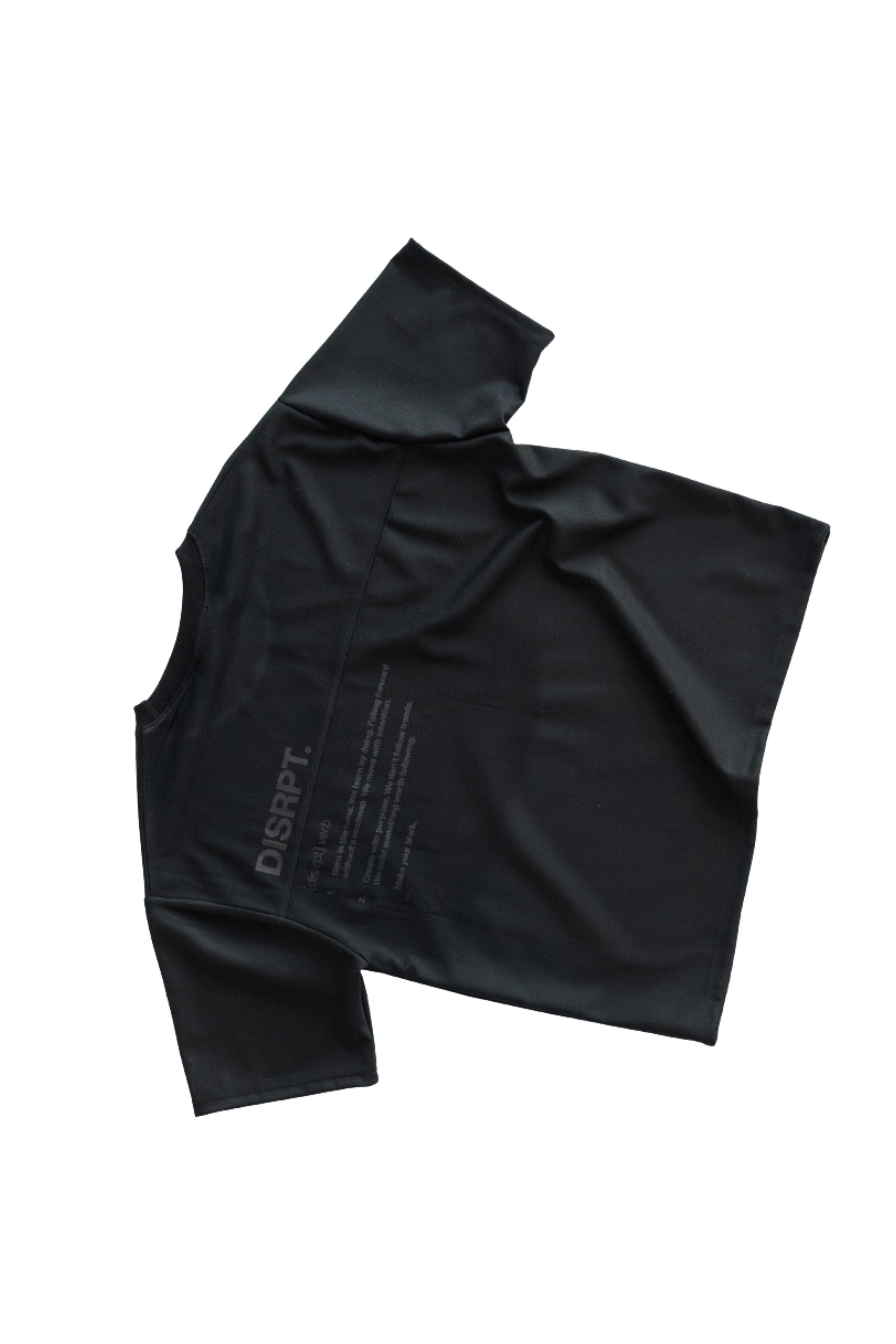 Black DISRPT boxy t-shirt flatlay showcasing premium fabric texture and structured fit