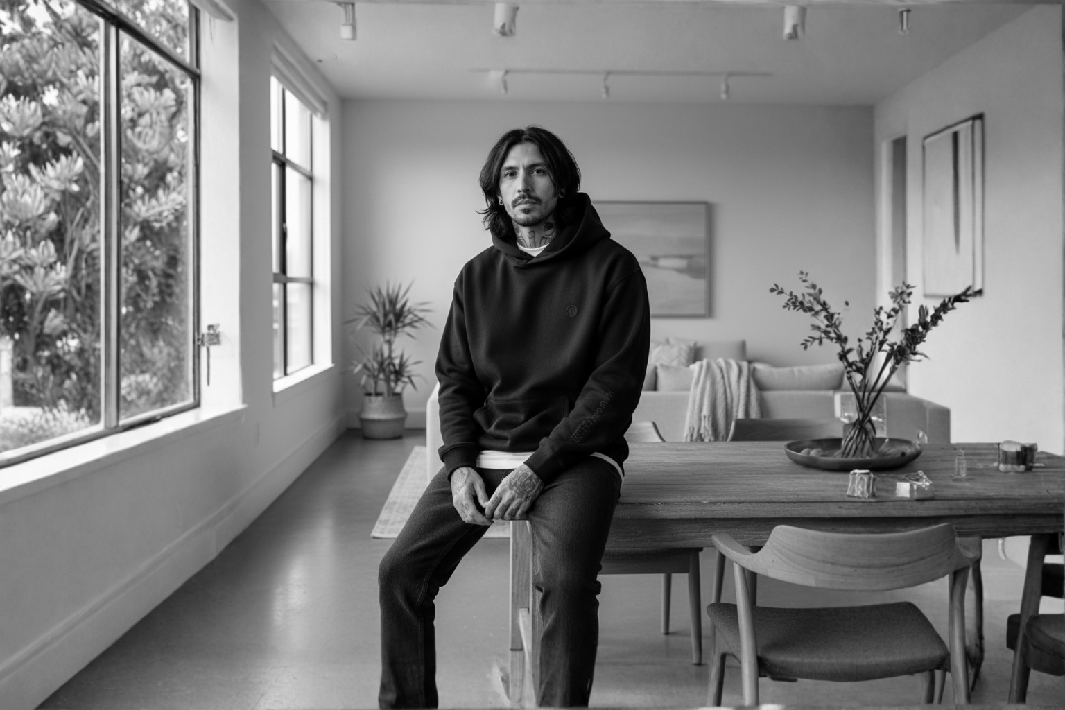 Person wearing black DISRPT hoodie sitting in minimalist modern interior with natural light and clean aesthetic