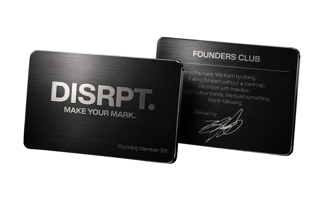 Black DISRPT Founders Club membership card with embossed seal on dark background, minimalist luxury design
