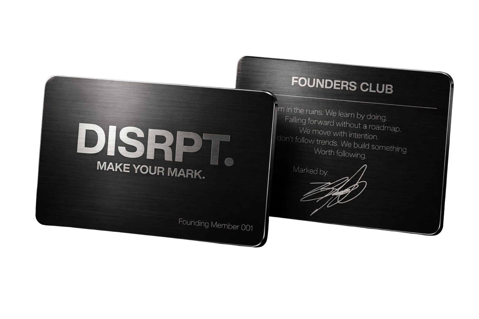 Black DISRPT Founders Club membership card with embossed seal on dark background, minimalist luxury design