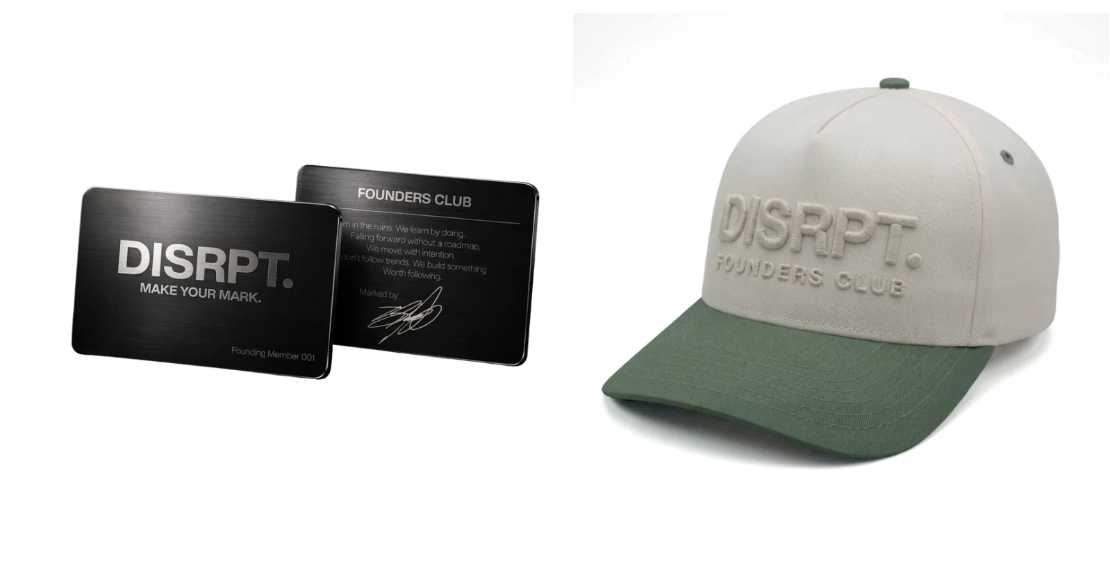 DISRPT gray and green hat with logo branding and black cards minimalist luxury streetwear on white background
