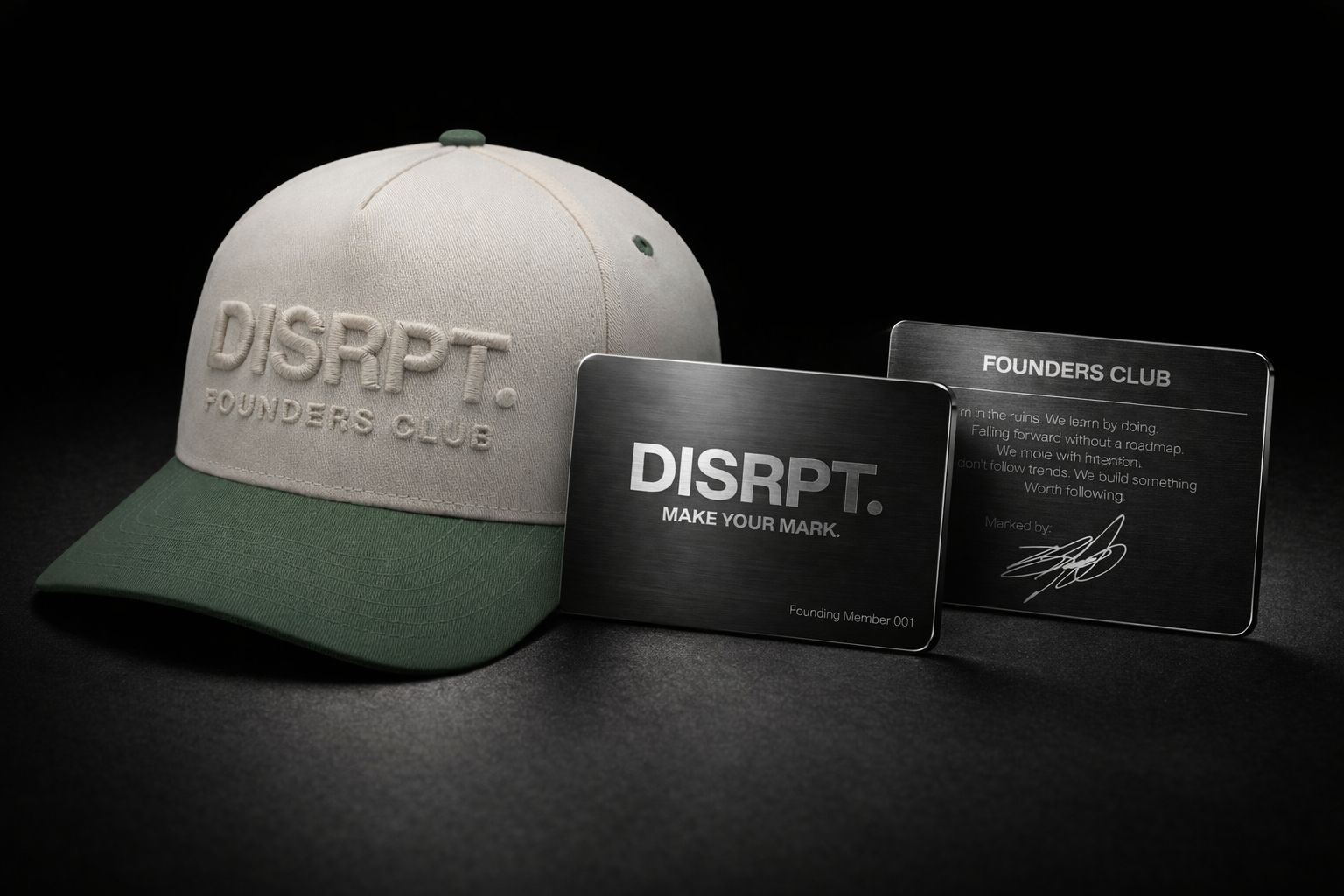DISRPT beige and forest green cap minimalist luxury streetwear hat on dark background