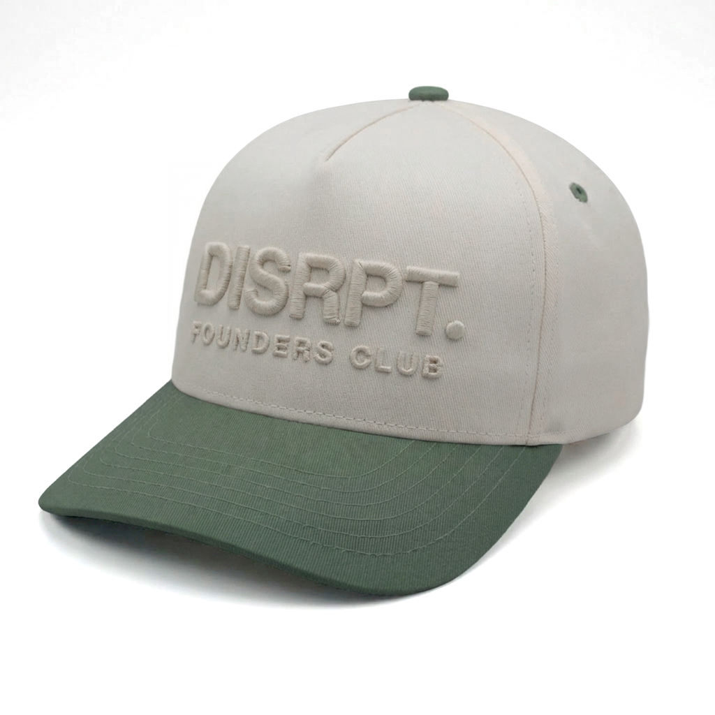 Gray and green DISRPT Founders Club cap with embroidered text on a clean white background