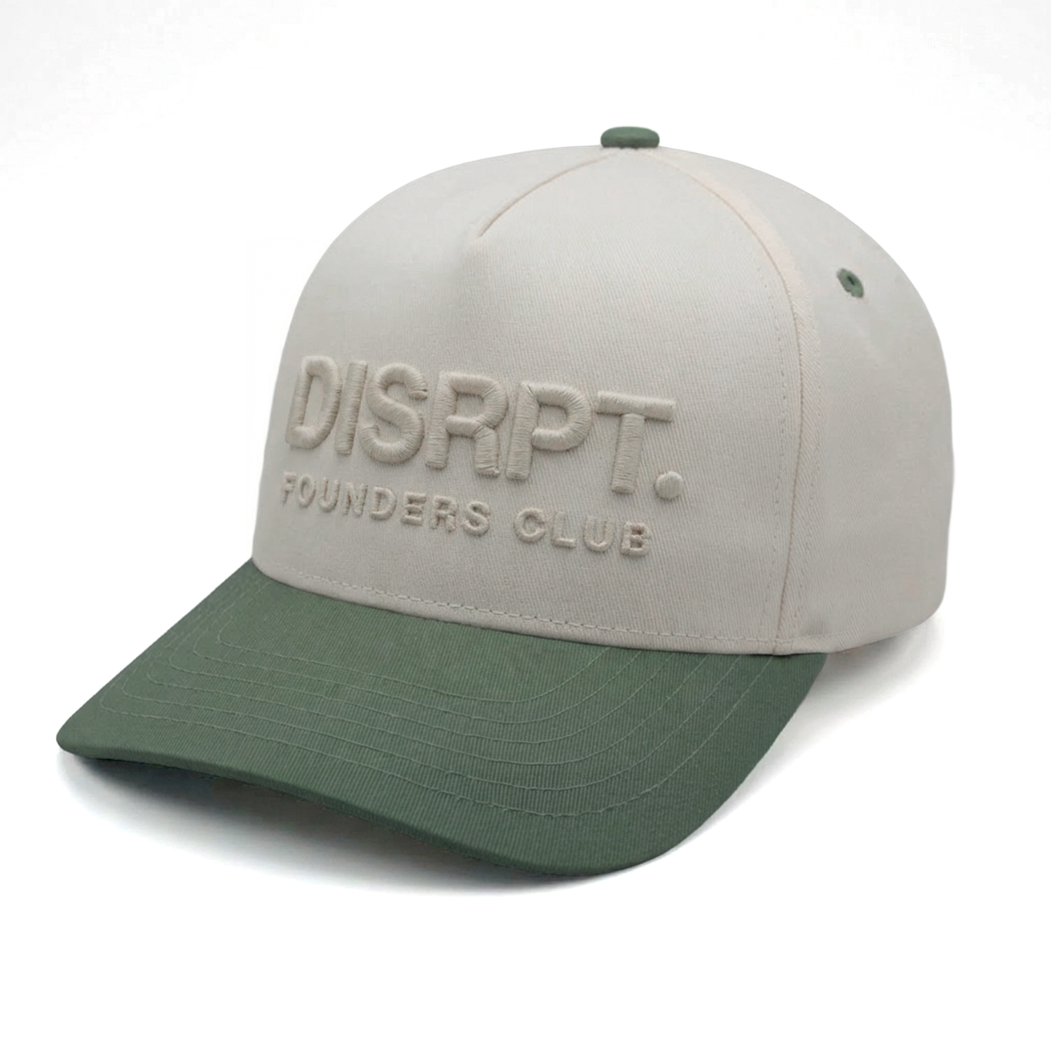 Gray and green DISRPT Founders Club cap with embroidered text on a clean white background