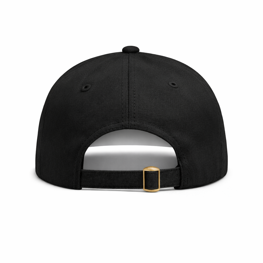 Black DISRPT Make Your Mark cap back view on white background with adjustable strap and minimalist design