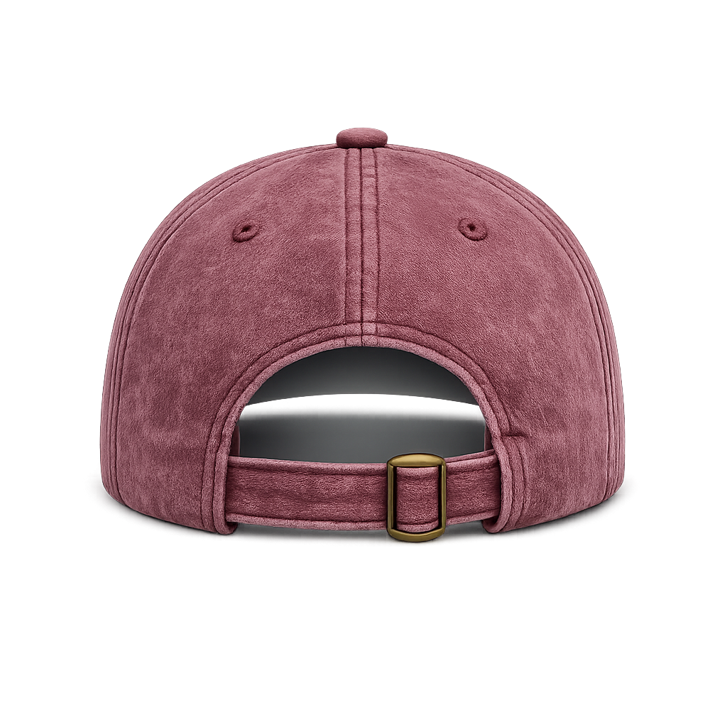 Back view of DISRPT burgundy wash cap showing adjustable strap and metal buckle detail