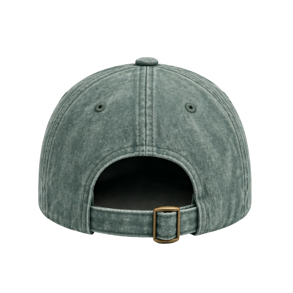 Back view of DISRPT green mineral wash cap showing adjustable strap and metal buckle detail