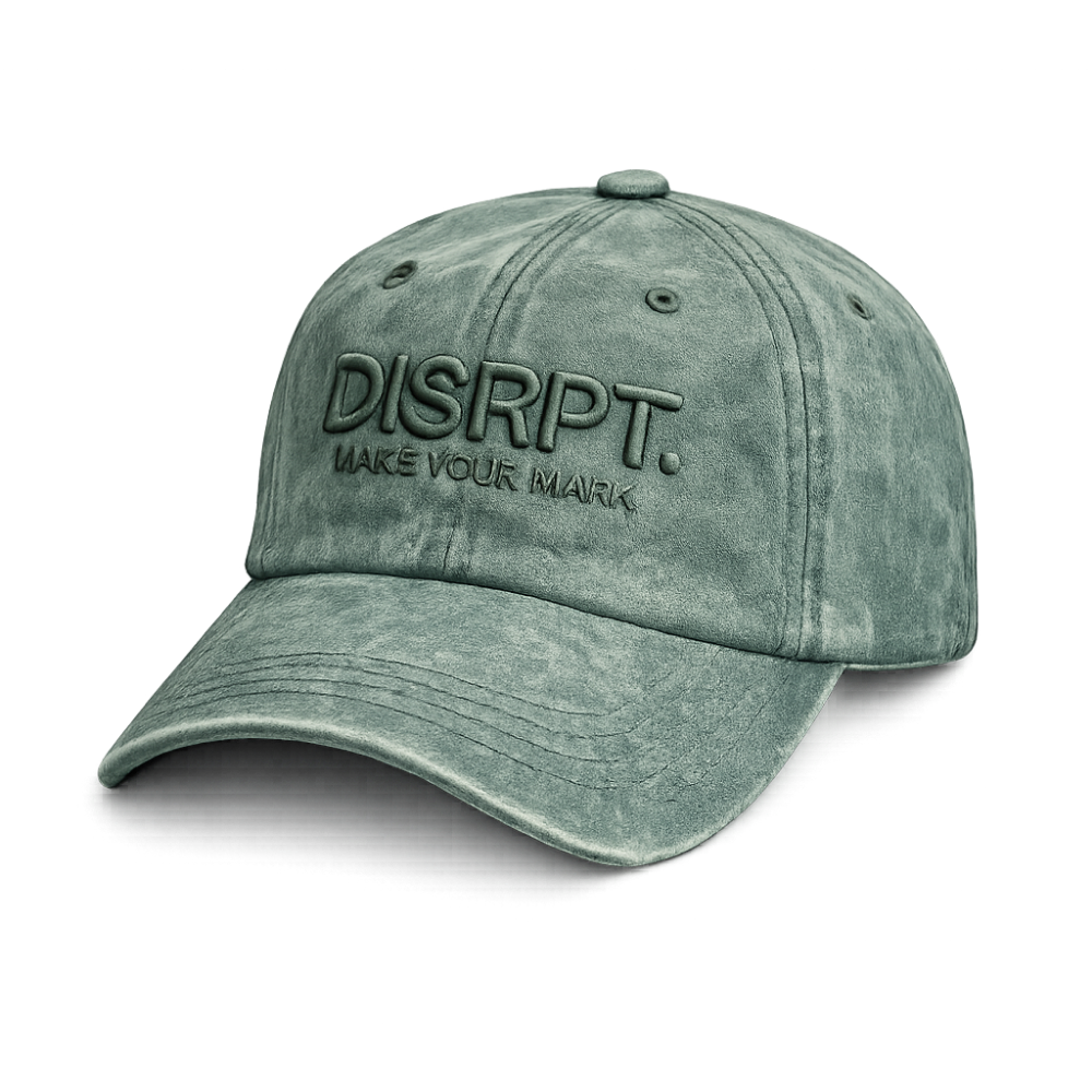 Mineral green DISRPT Make Your Mark hat with embroidered text on white background, minimalist design