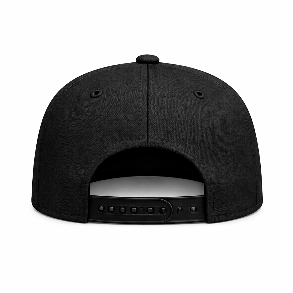 Black DISRPT Make Your Mark snapback back view on white background with embroidered detail and minimalist design