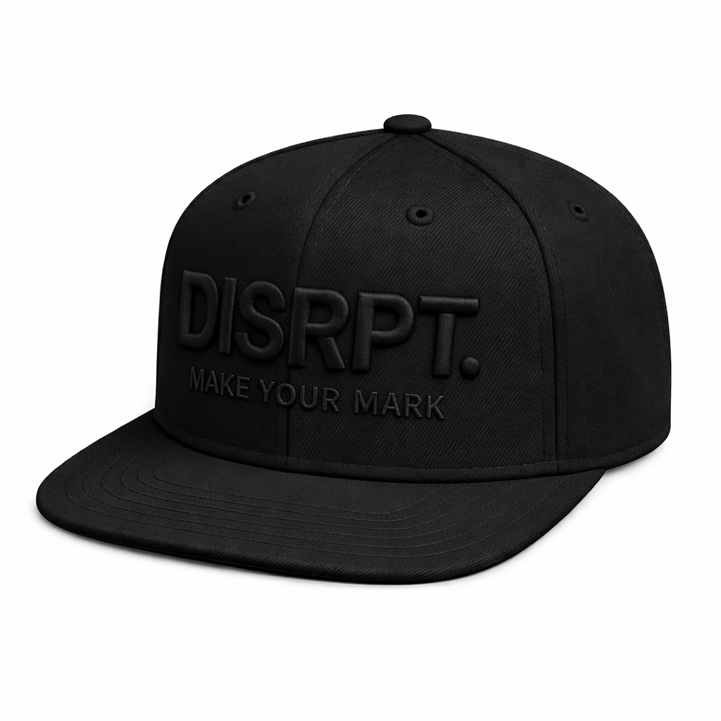 Black DISRPT Make Your Mark snapback front view on white background with embroidered logo and minimalist design
