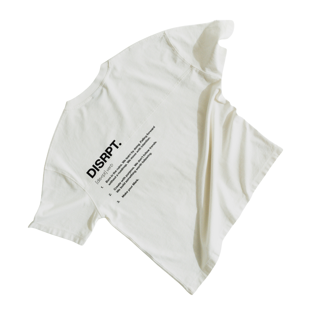 White DISRPT No Permission Required box tee back view on white background with minimalist design and boxy fit