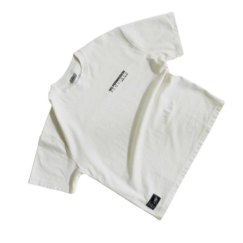 White DISRPT No Permission Required box tee front view on white background with minimalist design and boxy fit