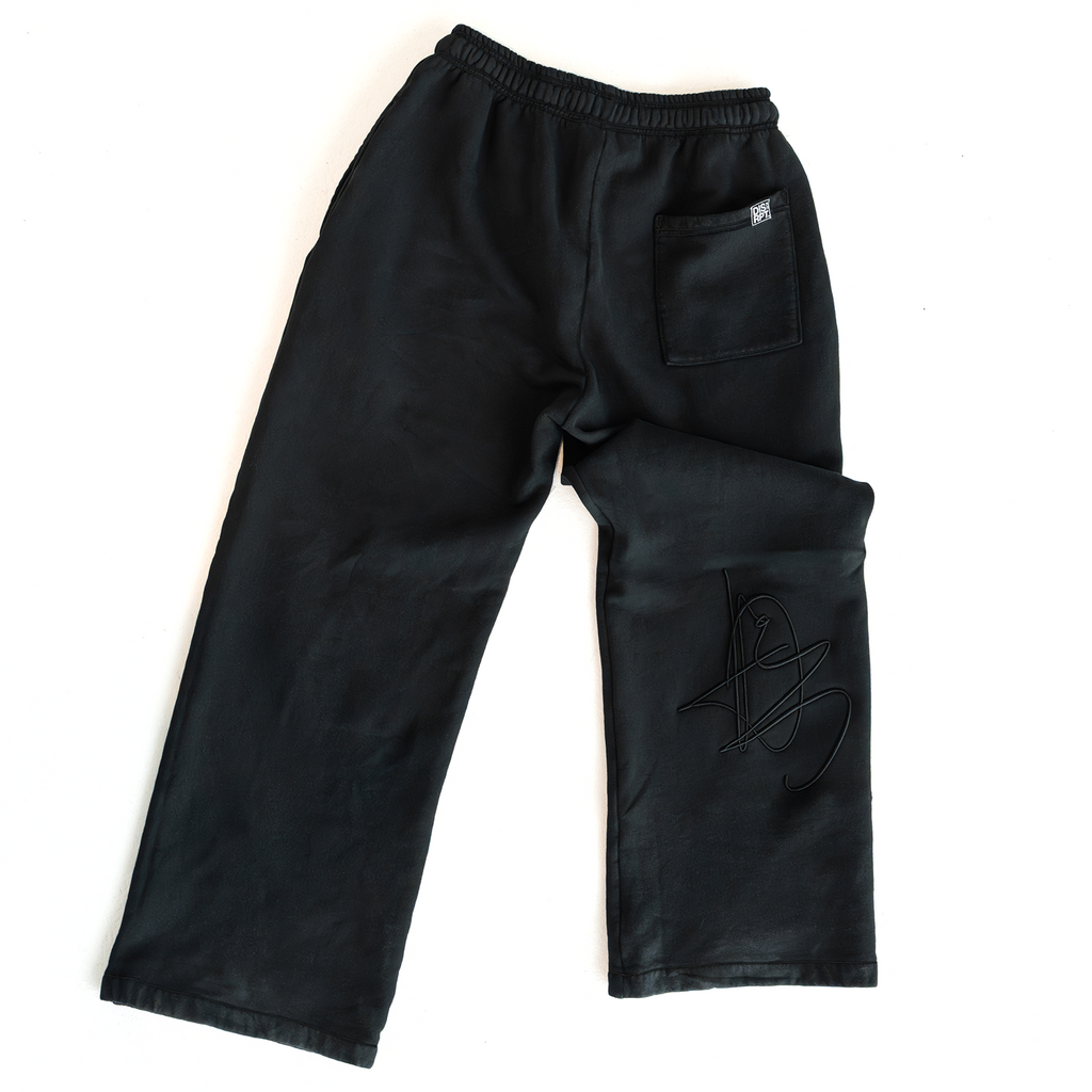 Black DISRPT signature heavyweight sweatpants back view with minimalist streetwear design and relaxed fit on white background