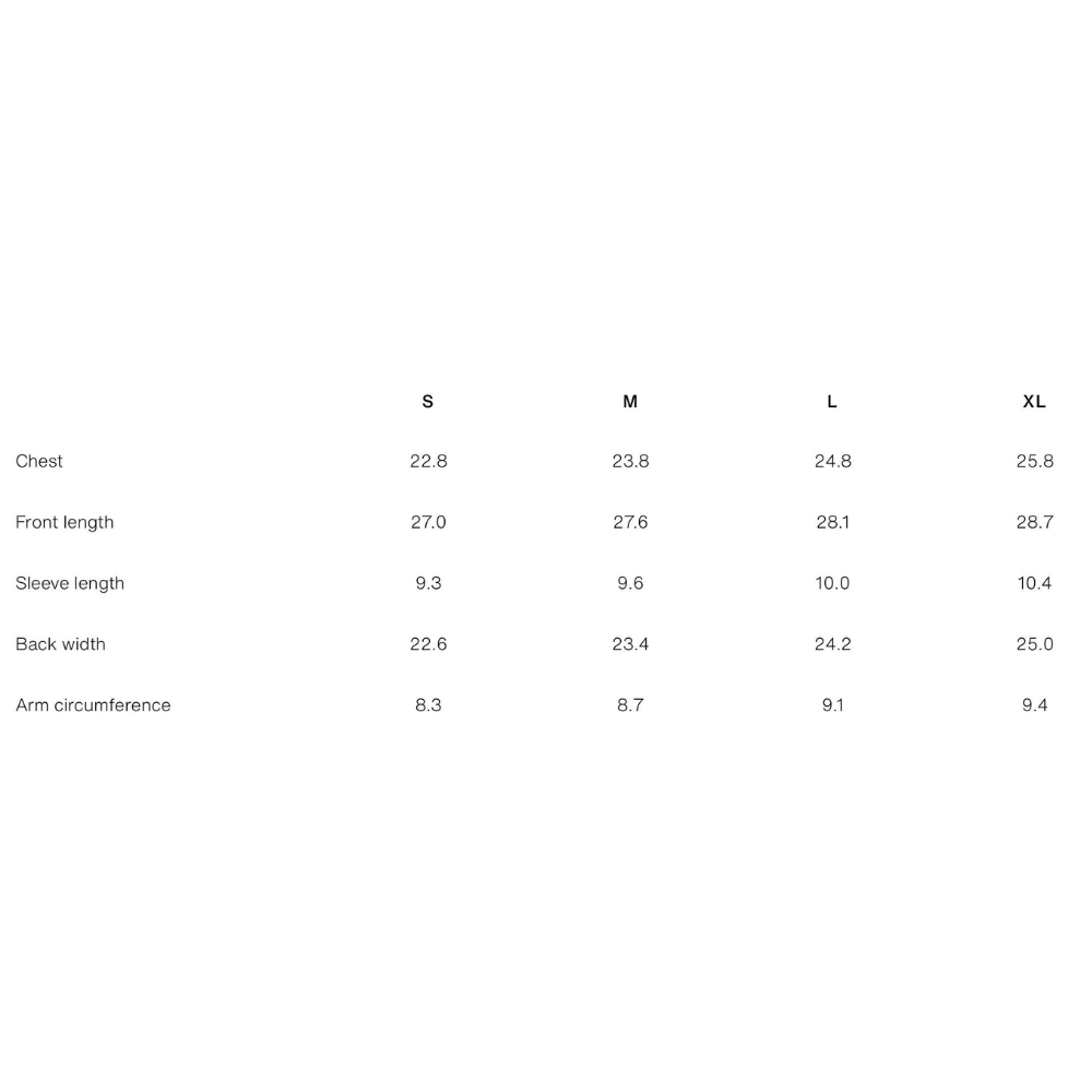 Size chart for DISRPT verb boxy tee showing chest, length, sleeve, and width measurements for sizes S to XL