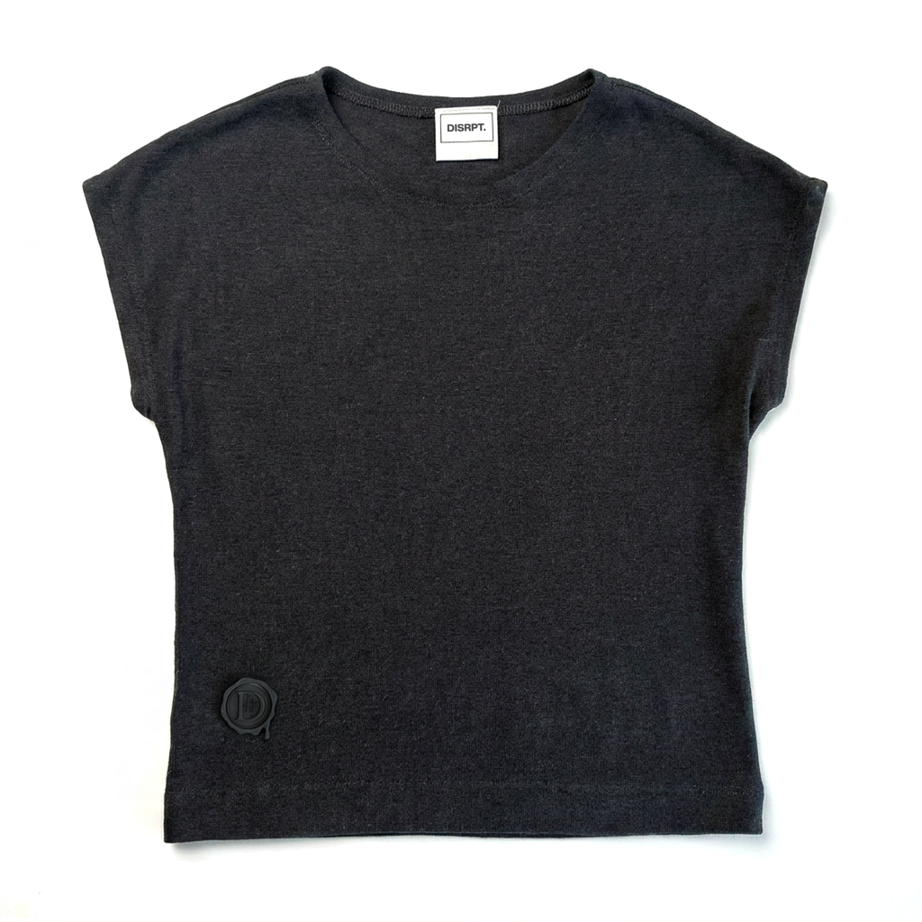 Black DISRPT women's sculpt tee front view with fitted silhouette and minimalist design on white background