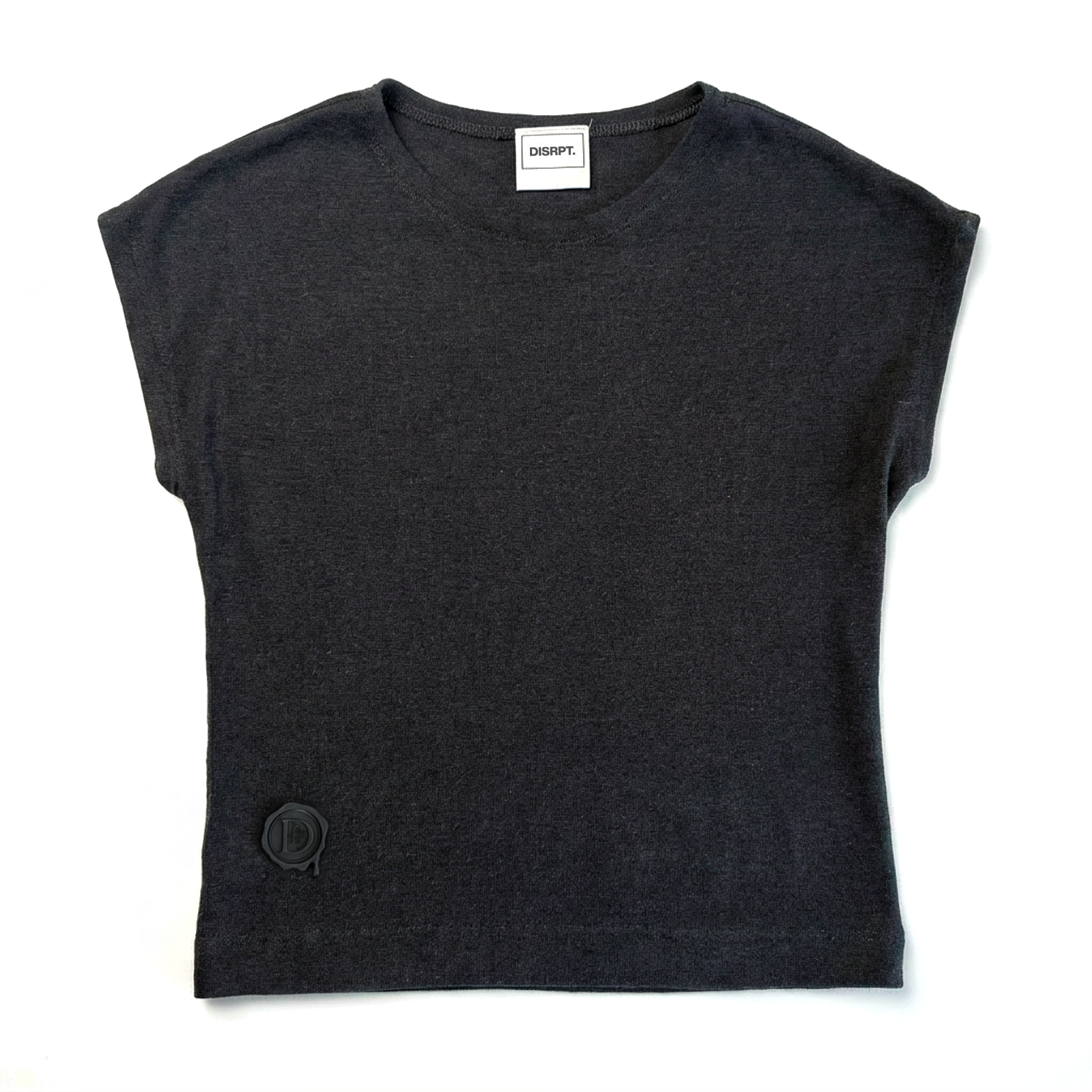 Black DISRPT women's sculpt tee front view with fitted silhouette and minimalist design on white background